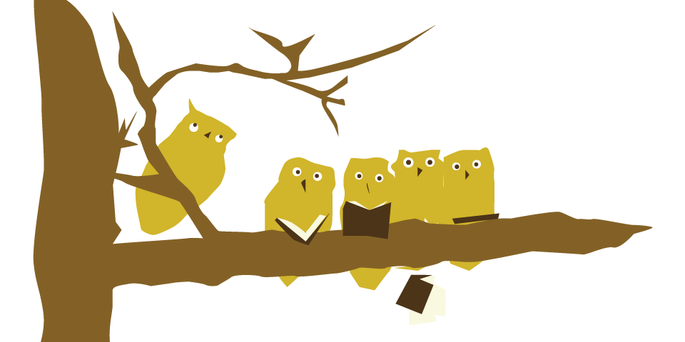 uilen in boom met boeken